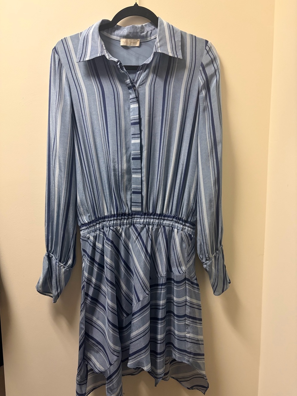 100% Silk Ramy Brook Blue Striped Long Sleeve Dress Small
